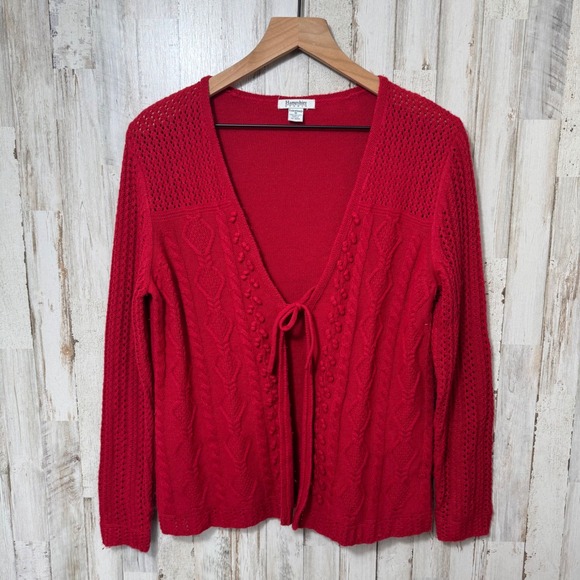 American Vintage Sweaters - Vintage 90s Grandma Red Knit Acrylic Tie Front Cardigan Sweater Womens‎ Medium